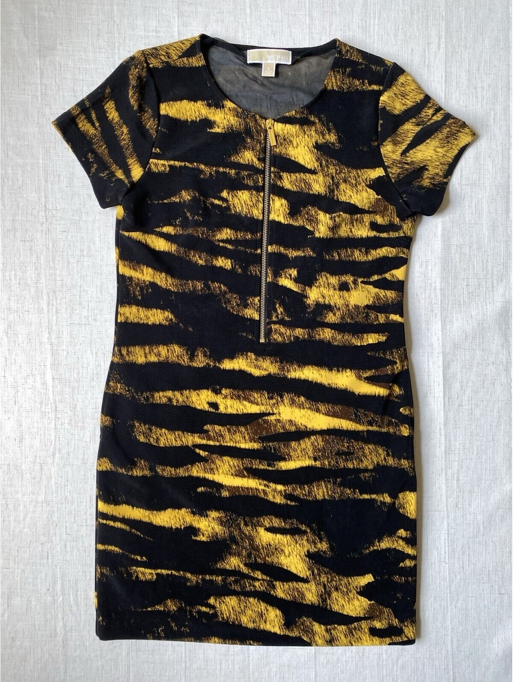 Michael Kors Tiger Stripe Bodycon Dress Small Black Yellow Animal Print Mesh Zip